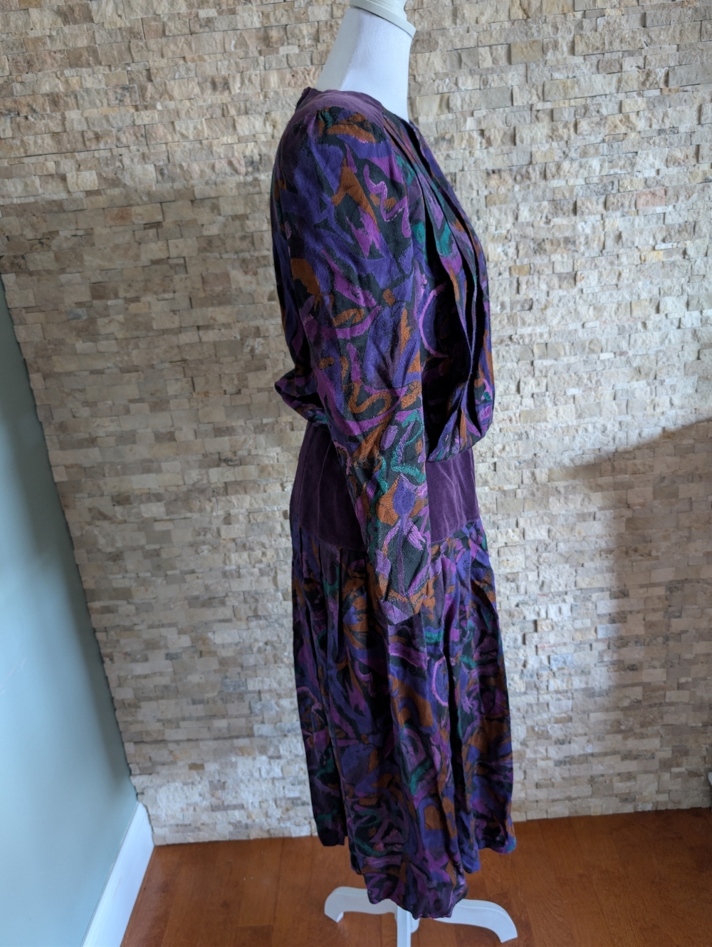 80s Abstract Geometric Print Midi Dress Purple Teal Rayon Wool Shoulder Pads M image 3